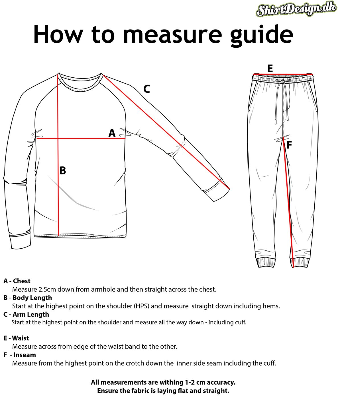 Størrelseguide to measure Tøj med tryk,
